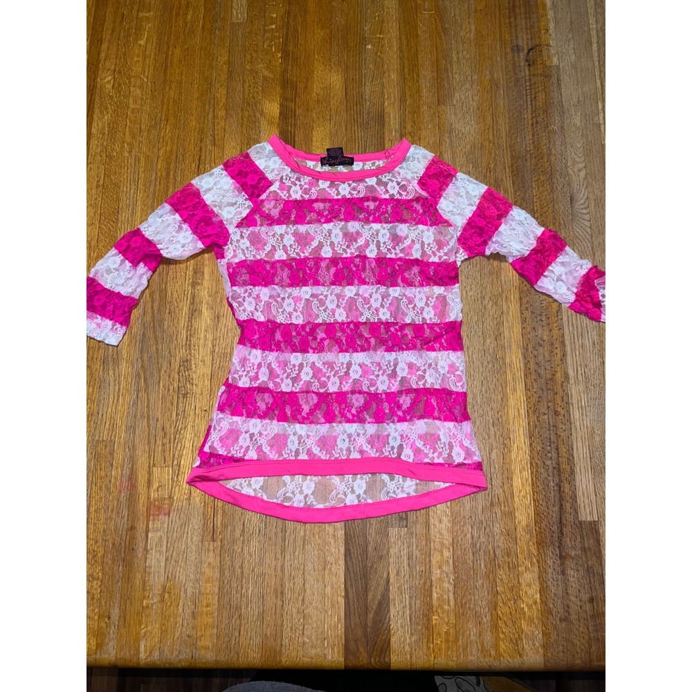 Lipgloss Girls Large 10/12 Pink White Striped Floral Sheer Lace High Low Top